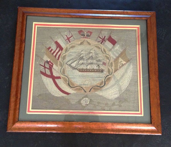 Amazing Circa 1850 British Wool Woolie Work Ship And: British wool work picture with a ship and flags. Frame: 23.25" x 26.75, Image: 15.25" x 13.75"