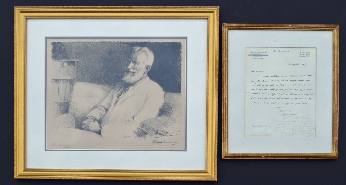 3 George Bernard Shaw Items (Letter & Signed Print): 1927 letter from The Bookman, with response written on same page by Shaw (frame: 14.75" x 12.5" paper sight: 9 7/8" x 7.75". Also, a signed Wovey? Print (21.75" x 19" Image sight: 12" x 15"). Also inc