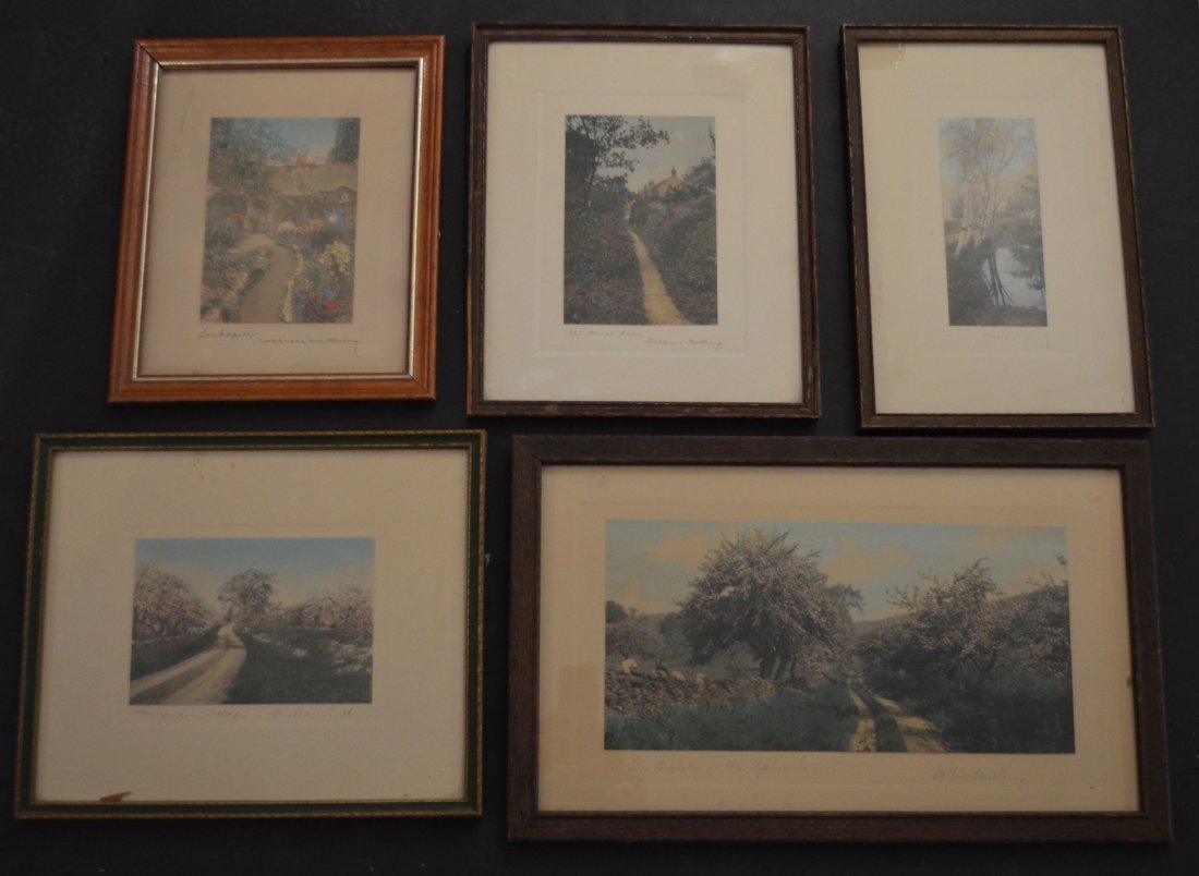 Lot of 8 Wallace Nutting Images: Lot includes: "Ripening Fruits", "Cress Brook Road", "Soft Summer Shadows", "The Beauty of the Uplands", Birch trees, "honeymoon Cottage", "the House Lane", and "Larkspur". Pictures range from 6.5" x