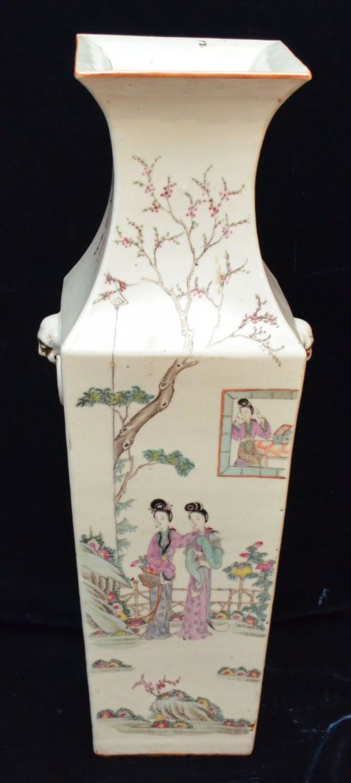 Large Chinese Porcelain Vase: Estate fresh Chinese vase featuring birds, women and poems. Measures 22.75" tall x 6.5" square at top.