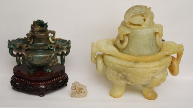 3 Pieces of Jade, White Jade Netsuke and 2 Censers: Larger Yellowish jade censer measures 7 3/4"(H) x 7.5"(W). Smaller multi color jade measures 4.5"(H) x 5 1/8"(W)2"(D). White jade netsuke measures 1 3/8" tall.