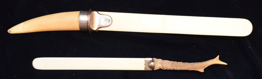2 Antique Page Turners (Crisford & Norris & Antelope): Ivory British hallmarked sterling Crisford & Norris turner measures 19.5" long. The handle measures 6.5" long. Antelope/stag handle turner: The page turner measures 14.5" long x 1" wide.