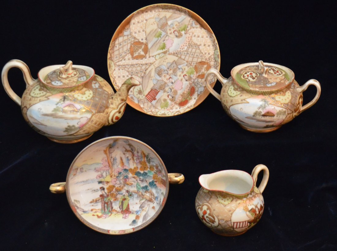 Nippon Lot: The Satsuma covered sugar bowl measures 3 3/4"(H) x 3"(in diameter at its base).The plate measures 6 7/8" in diameter. The creamer measures 3 5/8"(H) x 3 1/4"(W). The footed bowl measures 1 7/8"(H) x 