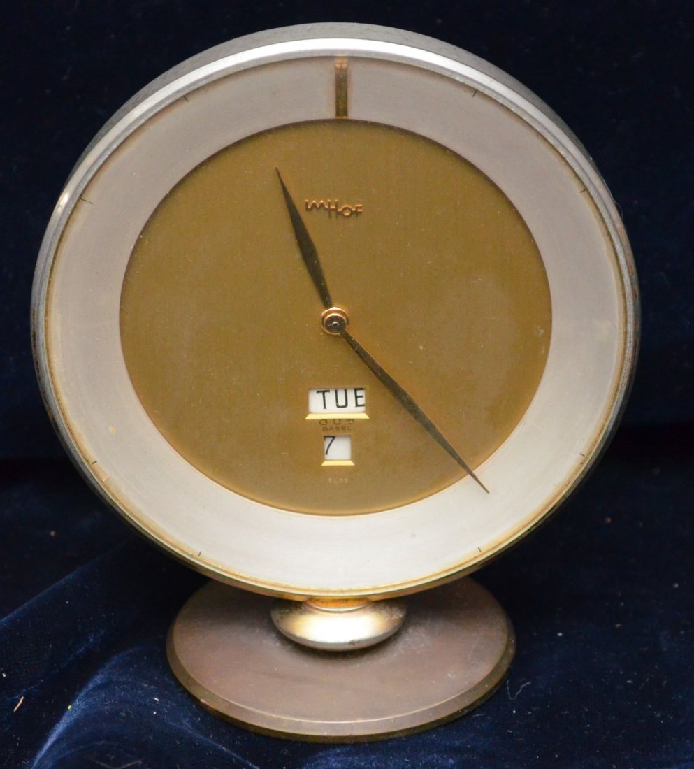 Imhof Clock Desk Clock with Date & Day: Measures 4 5/8" tall (4.25" diameter). 15 Jewel lever escapement Gut Basel Swiss.