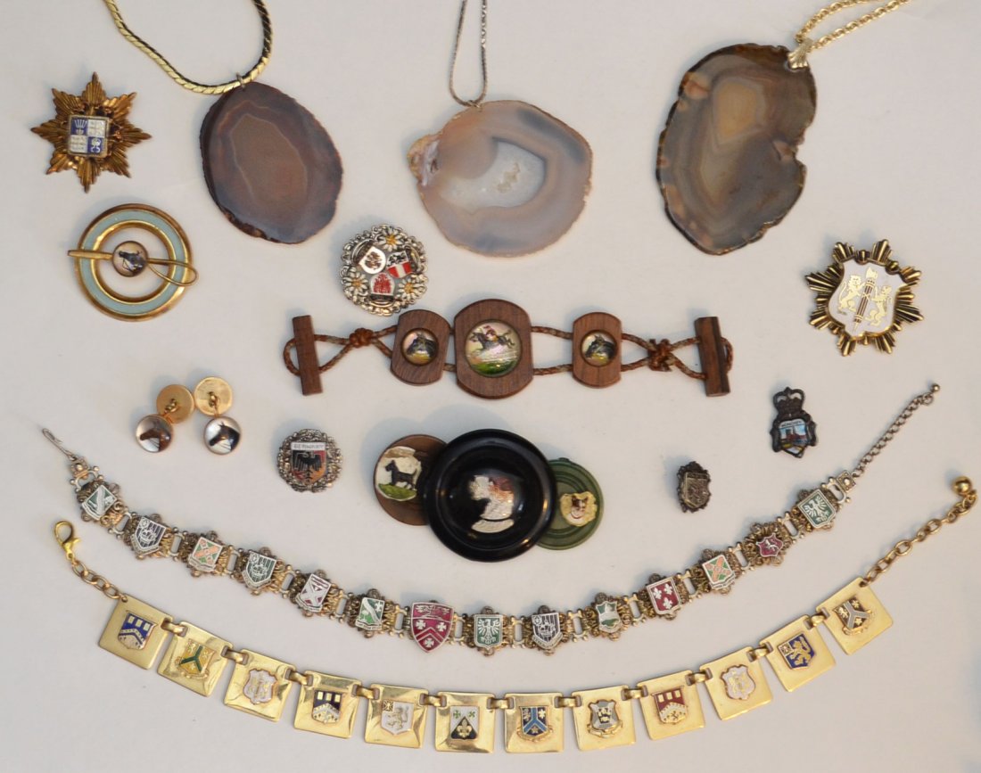 Lot Of Vintage Unusual Costume Jewelry: includes: Edwardian style on Bakelite with 3 dogs (3 3/8" long), pin with crest (1 7/8" diameter), Edwardian horse pin (1.75" diameter), crest & star pin w Blue & White (1.75" diameter), Choker with e
