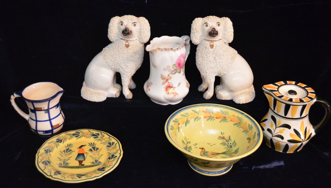 Lot of Continental Porcelain & Pottery: Lot includes: Pair of Staffordshire style dogs (9.5" tall x 6" long x 4" wide), JB&W pottery pitcher (5.25" x 4.5" diameter at top), Bavarian pitcher (6.75" tall), Quimper bowl (4"t x 9.75") Henriot Q
