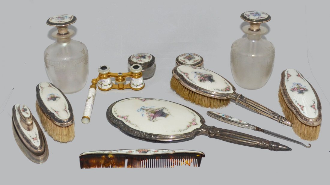 R. Blackinton Sterling & Guilloche Enamel Dresser Set: Lot includes: hand mirror (12.25" long x 4.75" wide), hair brush (8.75" long x 3" wide), larger hand brush (7.5" x 2.5"), smaller hand brush (6" x 2"), 2 small dresser jars (1.5" tall x 2.25" diameter