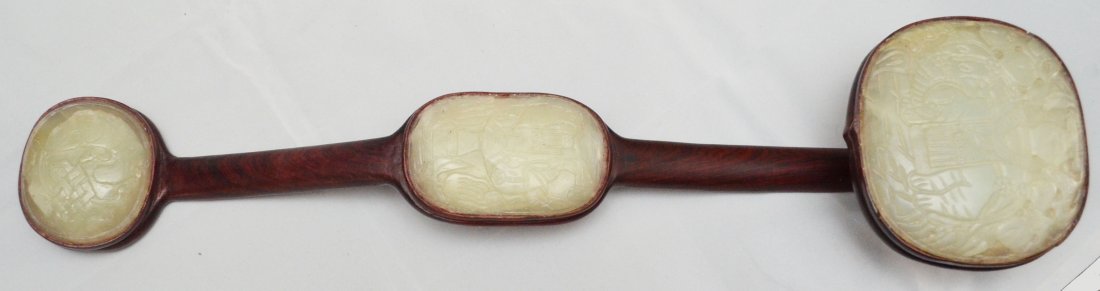 Chinese Ruyi White Jade Scepter: 2 have elephant motifs and the last one has a fish motif. Measures 21.5" long total with 4.25" x 4.75", 4 x 2.5", 3.25" x 2.75" carved inserts.