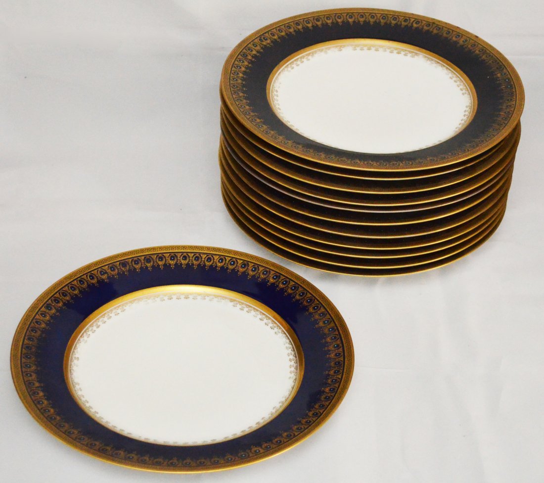 12 Moritz Zdekauer Altrolau Cobalt & Gold Plates: Set of 12 plates with the Moritz Zdekauer (1884-1909) mark. They measure 10 3/8" diameter.