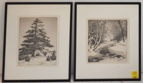 Two R.W. Woiceske Signed Etchings: Lot includes: "Frozen Stream" Ed. 50 (Frame: 22.75" x 16.75" paper sight: 13.75" x 10 7/8") and "The Great Pine" Ed 50 (Frame: 22.75" x 16.75" paper sight: 14.75" x 10.5")