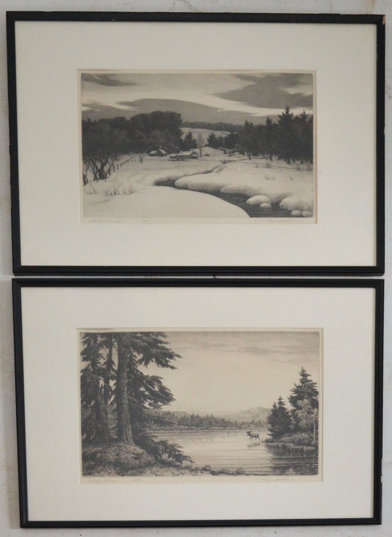 Two R.W. Woiceske Signed Etchings: Lot includes: "winter Evening" Ed. 50 (paper sight: 14.5" x 9 7/8"and "Evening Silence" Ed. 60 (frame: 22 5/8" x 16 5/8" image sight: 15 1/8" x 10.5")