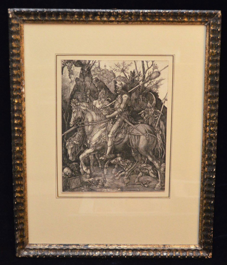 Albrecht Durer Knight, Death and The Devil: Engraving, original circa 1513, likely a later re-strike. Frame: 17.75" x 14.25" Image: 9 3/8" x 7 3/8").