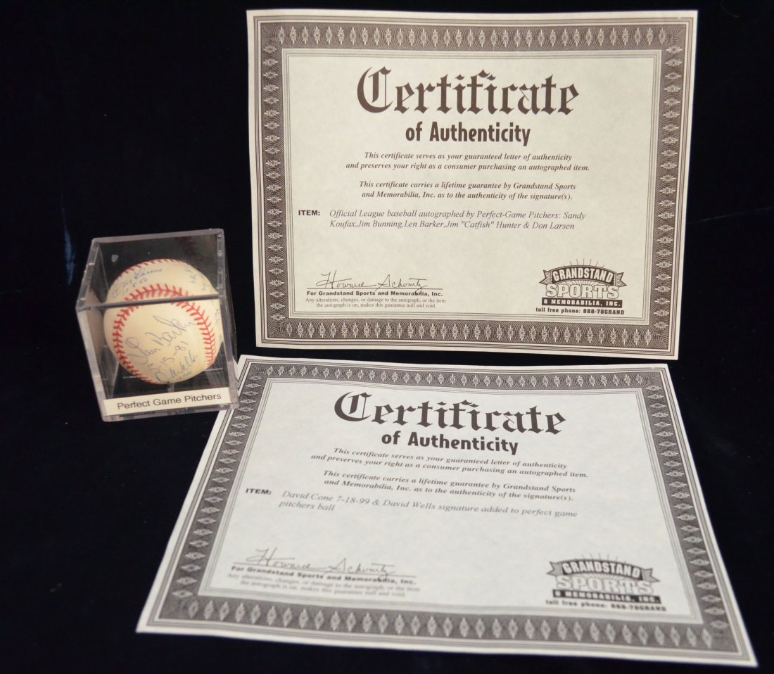 Perfect-Game Pitchers Ball Signed by 7 Yankees Pitchers: Perfect Game Pitcher ball signed by: Sandy Koufax, Jim Bunning, Len Barker, Jim "Catfish" Hunter, Don Larsen, David Cone and David Wells. Come with 2 COAs, one is first set of signatures, then added D