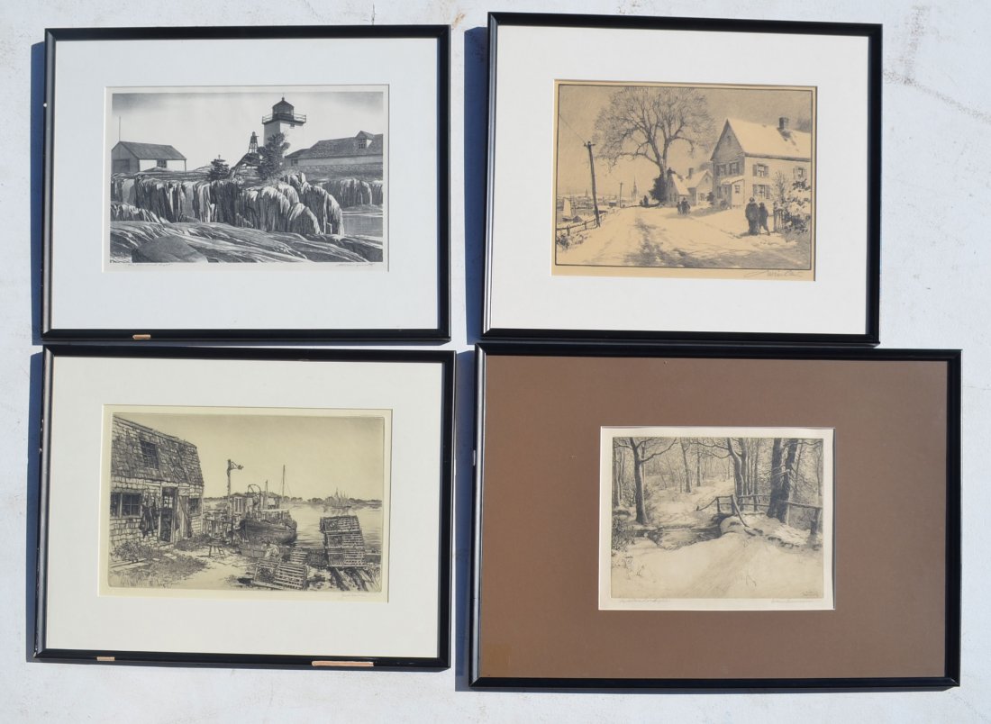 4 Signed & Framed Etchings: Lot includes: Samuel Chamberlain Society of Etchers harbor etching (F: 19 1/8" x 15.25" IS: 13.25" x 9.25"), "The Abandoned Light" by Stew ? (F: 19 1/8" x 15.25" IS: 13.25" x 9"), Ivan Summers "Winter