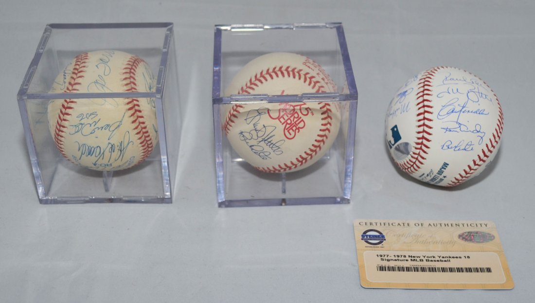 3 Signed Yankee Player Baseballs: Lot includes: A 18 signature MLB Baseball with players from 1977-1978 with COA (Cliff Johnson, Sparky Lyle, Mickey Rivers, Ron Guidry, Paul Blair, Reggie Jackson and others), a Graig Nettles & ? Ball,