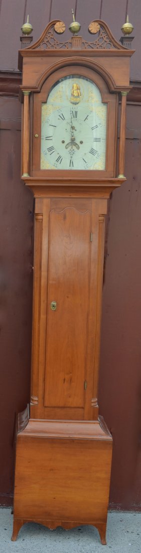 18th Century Grandfather Clock: Impressive grandfather clock with a sail ship on the face. On the immediate back-side of the face, it is signed Osborne. Measures 95 7/8" tall x 10 3/8" deep x 18" wide at base.