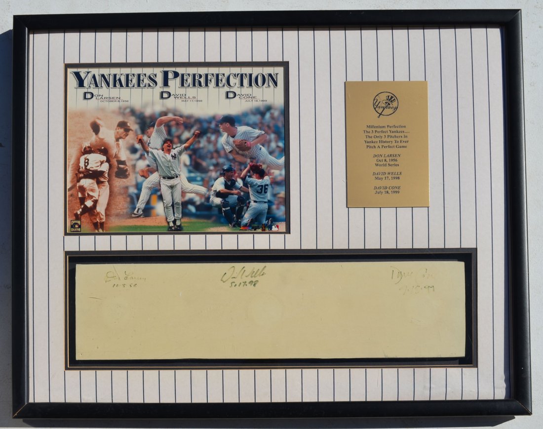 Yankees Perfection Pitchers Mound Signed: Framed NY Yankees pitchers mound, signed by Don Larsen, David Wells & David Cone. Frame: 31.75" x 25 5/8".