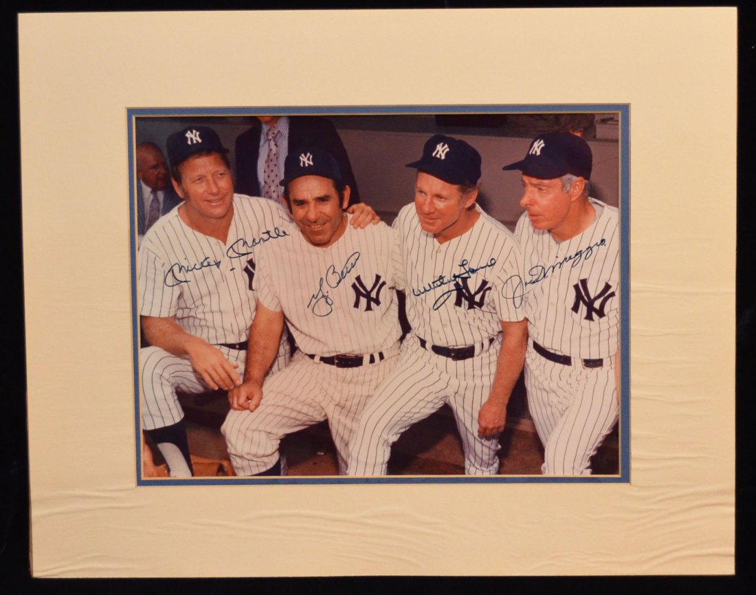 Signed Yankees Baseball Ledgends Picture: Signatures include: Mickey Mantle, Yogi Berra, Whitey Ford & Joe DiMaggio. From their retirment day. Frame: 20.25" x 16.25" image sight: 13.5" x 10"