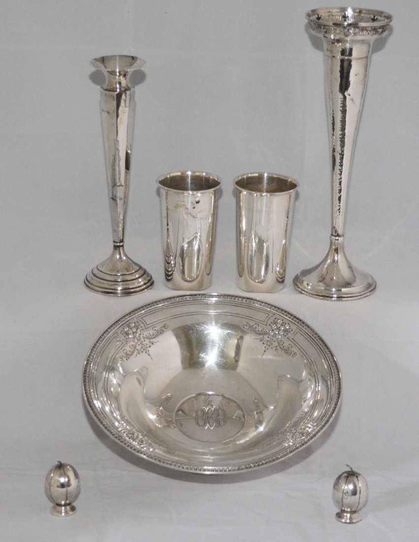 Grouping of Antique Sterling Silver Table Accessories: Lot includes: Grogan bowl (3.5" tall x 10.5" diameter), 2 sterling cups (4.75" tall x 2 7/8" diameter at top), C.O.C sterling salt & pepper shaker (2.25" tall), sterling vase (9 7/8" tall), and a Matt