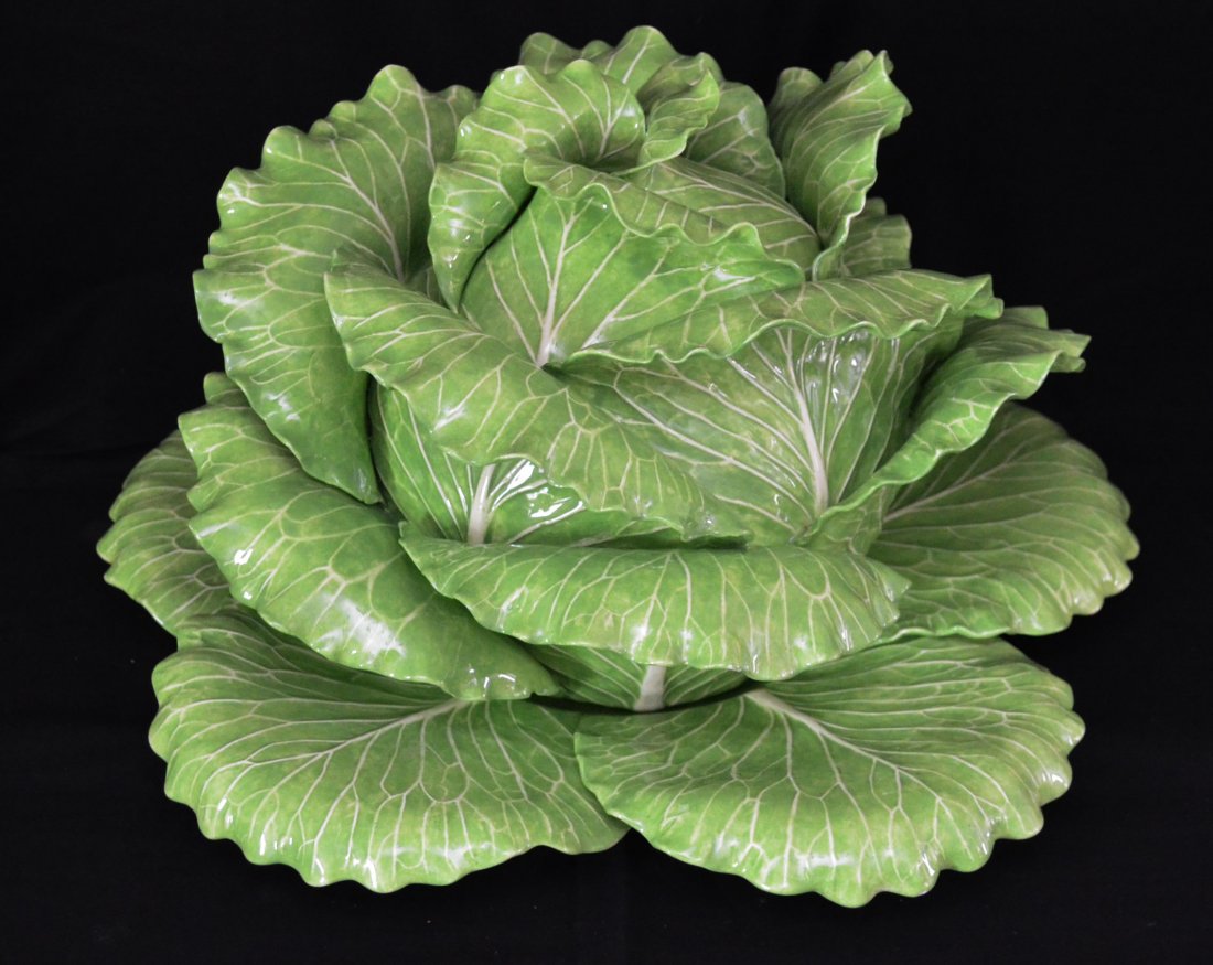 The Best Dodie Thayer Lettuce Ware Tureen: The under plate measures 17" diameter. The tureen measures approximately 13.5" diameter x 9.25" tall,