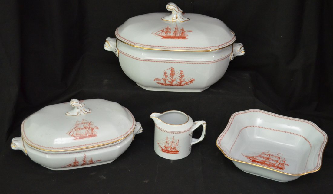 Set of Copeland Spode Trade Winds China: Lot includes: Large serving tureen (8" tall x 13.5"l tip to tip of handles x 8.25" wide), 9" square dish, a smaller covered tureen (5.5" tall x 11.5" long tip to tip of handles x 7.25" wide), 10 small