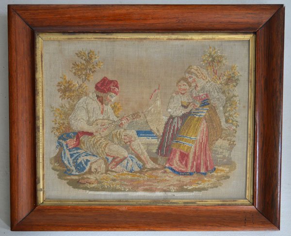 Antique Petipoint Needlework of A Musician: Frame: 23.25" x 20" image: 17.5" x 14.25"