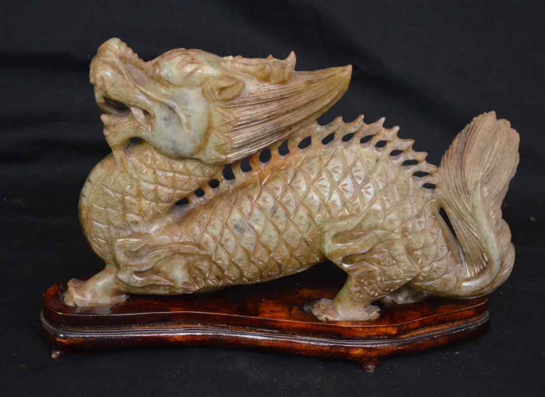 Well Carved Chinese Soapstone Dragon: Measures 10.25" long x 6" tall x 2" wide (measurements excluding wooden base)