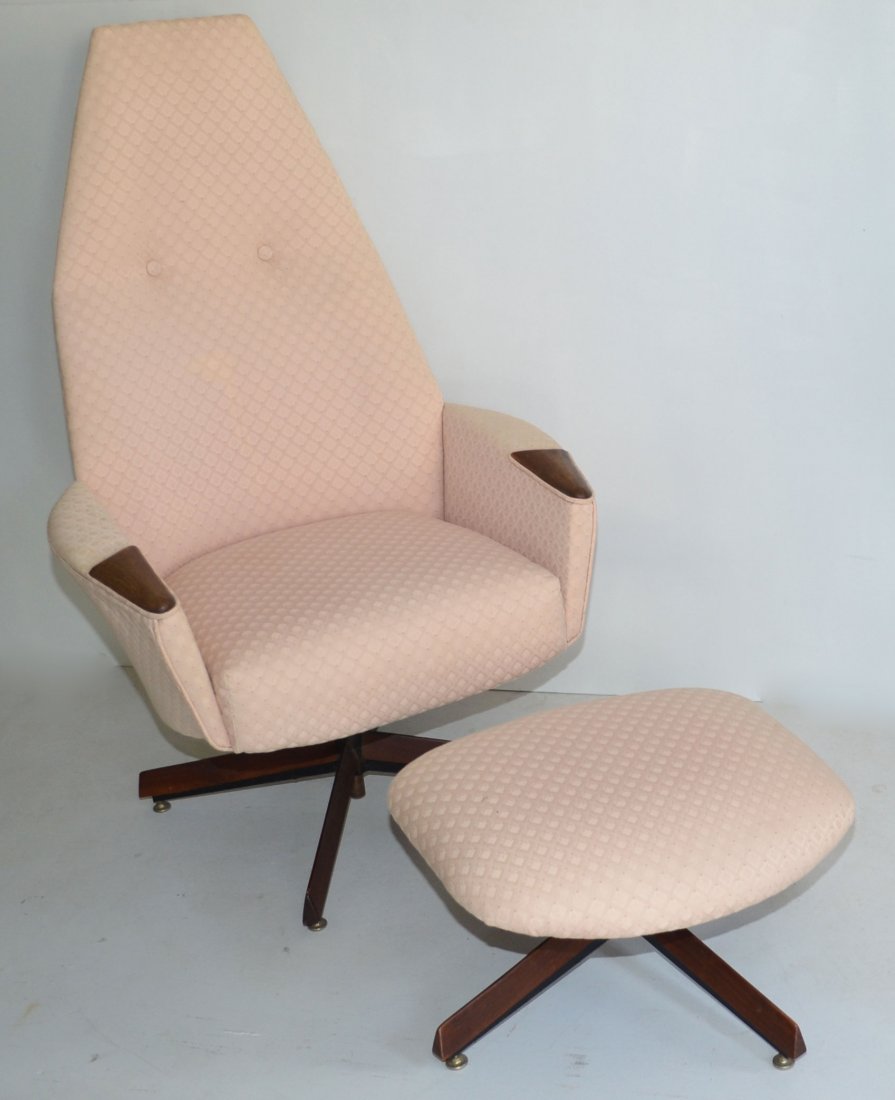 Adrian Pearsall Swivel Lounge Chair In Original Fabric: Mid century modern Adrian Pearsall walnut chair. The chair measures 47" tall x 30.5" wide x 20" deep (at the seat). The ottoman measures 12.25" tall x 22" long x 19.5" wide.