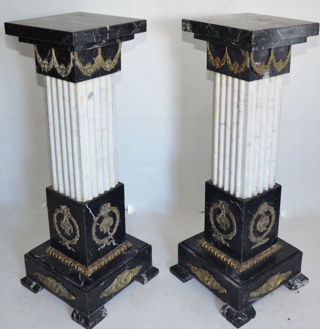 Pair of Marble Pedestals with Brass Ormolu: They measure 45" tall x 14.25" square