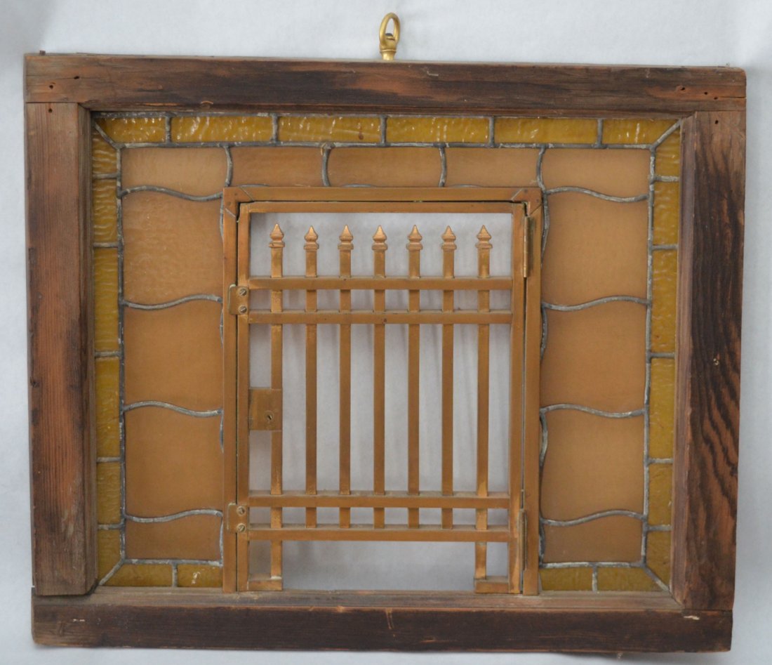 Bronze Bank Teller Gate Window with Stained Glass: Frame measures: 23.75" x 20", door alone measure 10.5" x 14"