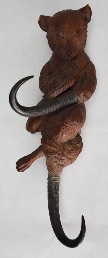 Carved Wooden Fox Black Forest Coat Hook w Antelope: Measures 13" long x 3" wide