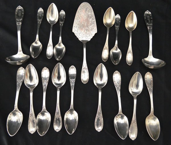 18 Pieces of Jenny Lind Sterling Silver Flatware: Lot includes: 9 tablespoons with London, British Hallmarks (6 have Hoyt Badger & Dillon NY, 2 Wm Wise and one illegible 7" long), 6 Albert Coles for Hart Bros teaspoons, not marked sterling (6"long), 