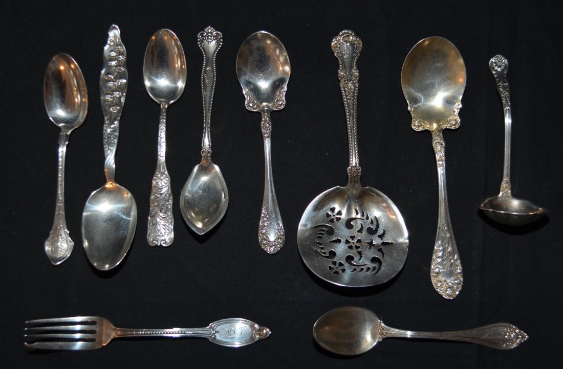 Group Of Antique and Victorian Sterling Unique Flatware: 10 Pieces includes: Gorham pierced bowl spoon pat'd 1899 (7 1/8"), dated 1888 Wood & Hughes spoon (5 5/8"), Pat'd 1898 Wallace small serving spoon (6"), Albert Coles fork (not marked sterling, 6.25"),