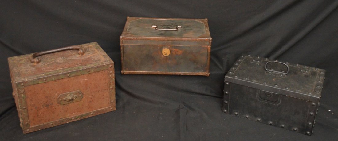 Three 18th /19th Strong Boxes: Three strong boxes were found in a garage in an old civil war era safe. The more ornate box measures 7.5" tall x 12" long x 7.25" deep, the one with copper edging measures 5.75" tall x 12.25" long x 8