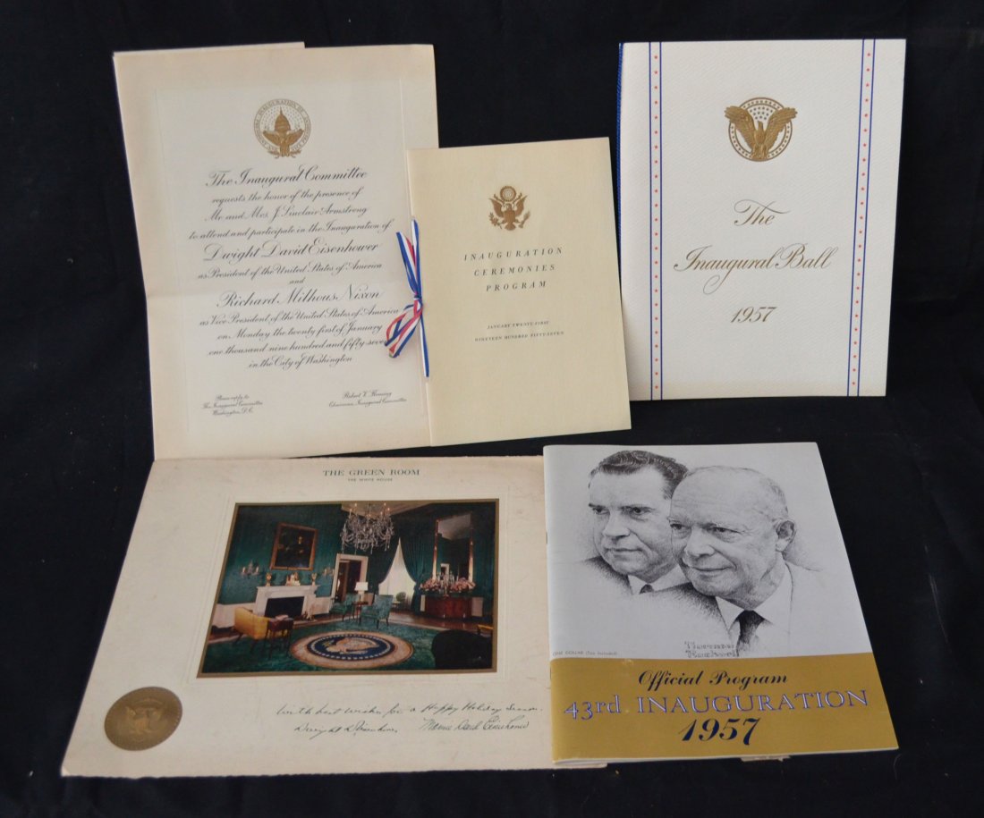 Dwight D. Eisenhower Inauguration & Autograph Lot: Lot includes: The Green Room White House signed photograph Christmas card from D. & Mamie Eisenhower, an Inaugural invitation, Ceremonies program, Inaugural Ball program and The Official Inauguration 