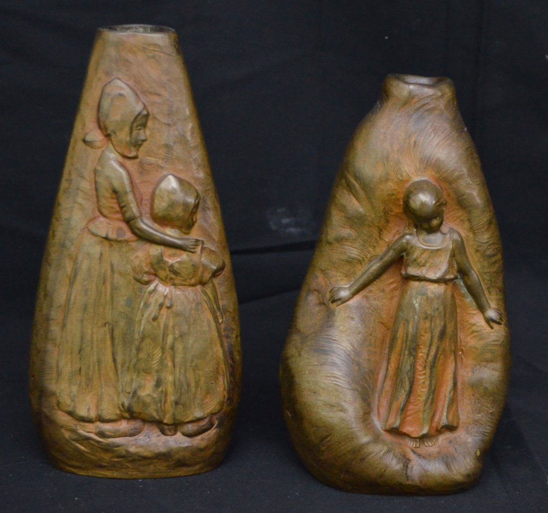 Pr of Peter Tereszczuk Bronze Vases: Peter Tereszczuk (Austrian, 1875-1963). The vase with the two girls measures 7.75" tall and the other measures 7" tall.