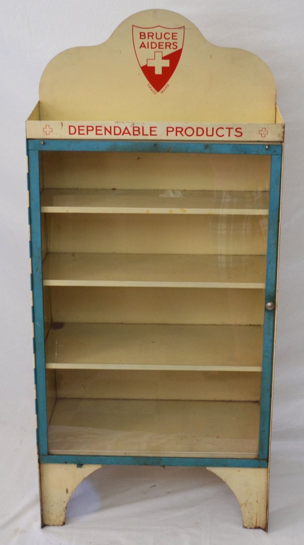 Bruce Aiders Medical Display Cabinet: Metal cabinet with glass doors. Measures 47.5" tall x 22" wide x 12.5" deep.