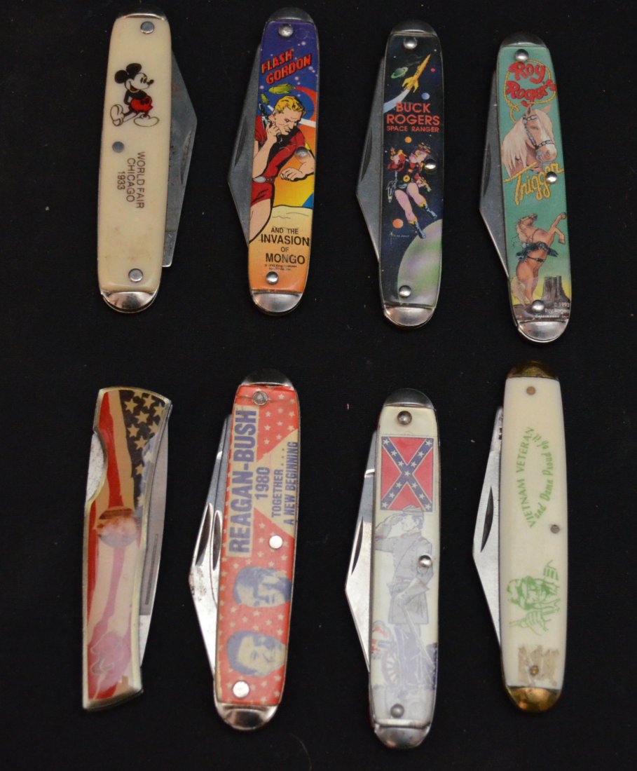 Group of Pocket Knives with Cartoons & Political Themes: Lot includes: Reagan-Bush 1980 knife, Flash Gordon & the Invasion of Mongo, Buck Rogers Space Ranger, Roy Roger's Trigger, Mickey Mouse 1933 World's Fair, Confederate Scene knife, George Bush knife & 