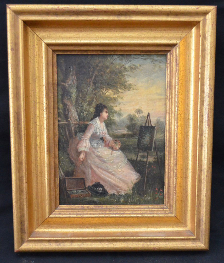 O/B Of A Woman Painting Signed E. Joinville ( AV.: Antoine Victor Edmond Joinville (French, 1801-1849) dated either '15 or '45 oil painting on board of a woman artist painting. Frame: 12" x 9 7/8" image sight: 7.5" x 5 3/8". Signature is partially see