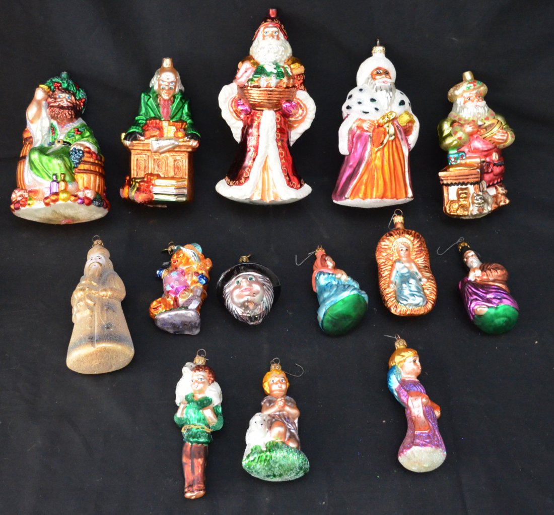 Nice Collection of Christopher Radko Ornaments: Collection of various Christopher Radko Christmas ornaments. Lot includes: Santa Claus, Scrooge, Santa with cats & dogs (repaired), Halloween jack-o-lantern (damaged), golden Santa, Santa holding Noah