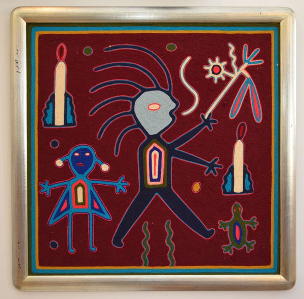 Colorful Jose Palanco Huichol Yarn Art: Huichol (Mexican Indian) yarn art image, verso says "Shaman making candle offerings to god praying for health of women by using Shaman plumb to get attention of gods". Frame: 26 1/8" square, image sig