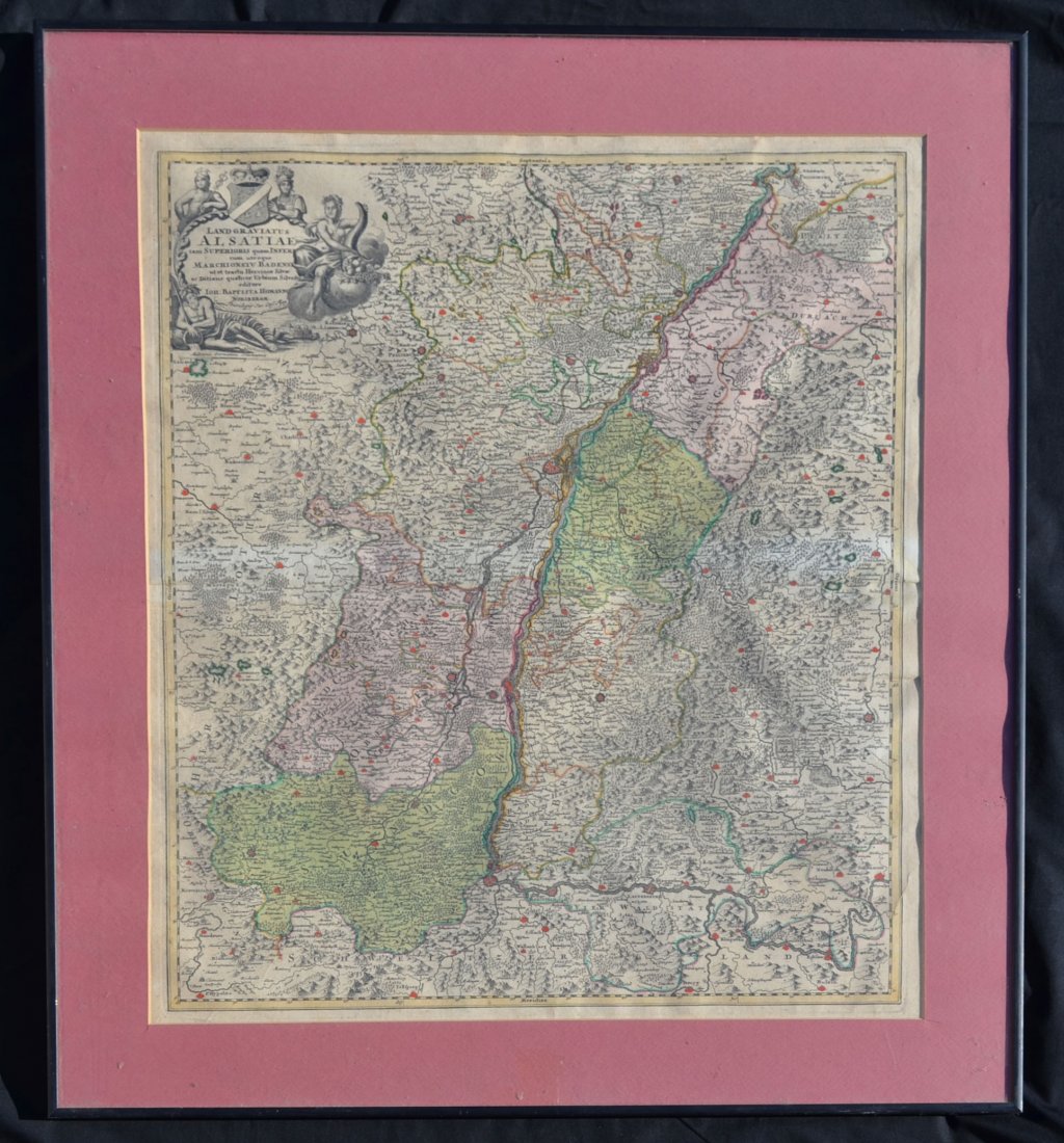 Circa 1716 Grosser Atlas Land Graviatus Alsatiae Map: LAND GRAVIATUS ALSATIAE tam SUPERIORIS quam INFERI cum utroque MARCHIONATUS BADENSI from the Grosser Atlas by Johann Baptist Homann. Frame: 29.5" x 25.25" paper sight: 24" x 20