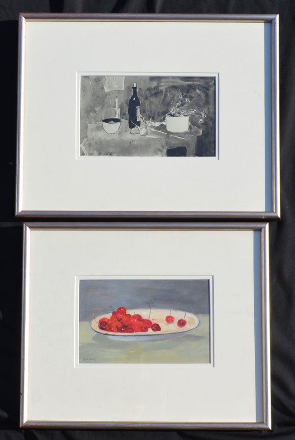 2 Seymour Remenick Paintings: Lot includes: black & white still life watercolor on paper (Frame: 17 7/8" x 14.25" image sight: 9.25" x 5 5/8") the still life of cherries in a bowl are from Sydelle Puchek Gallery and appear to be o