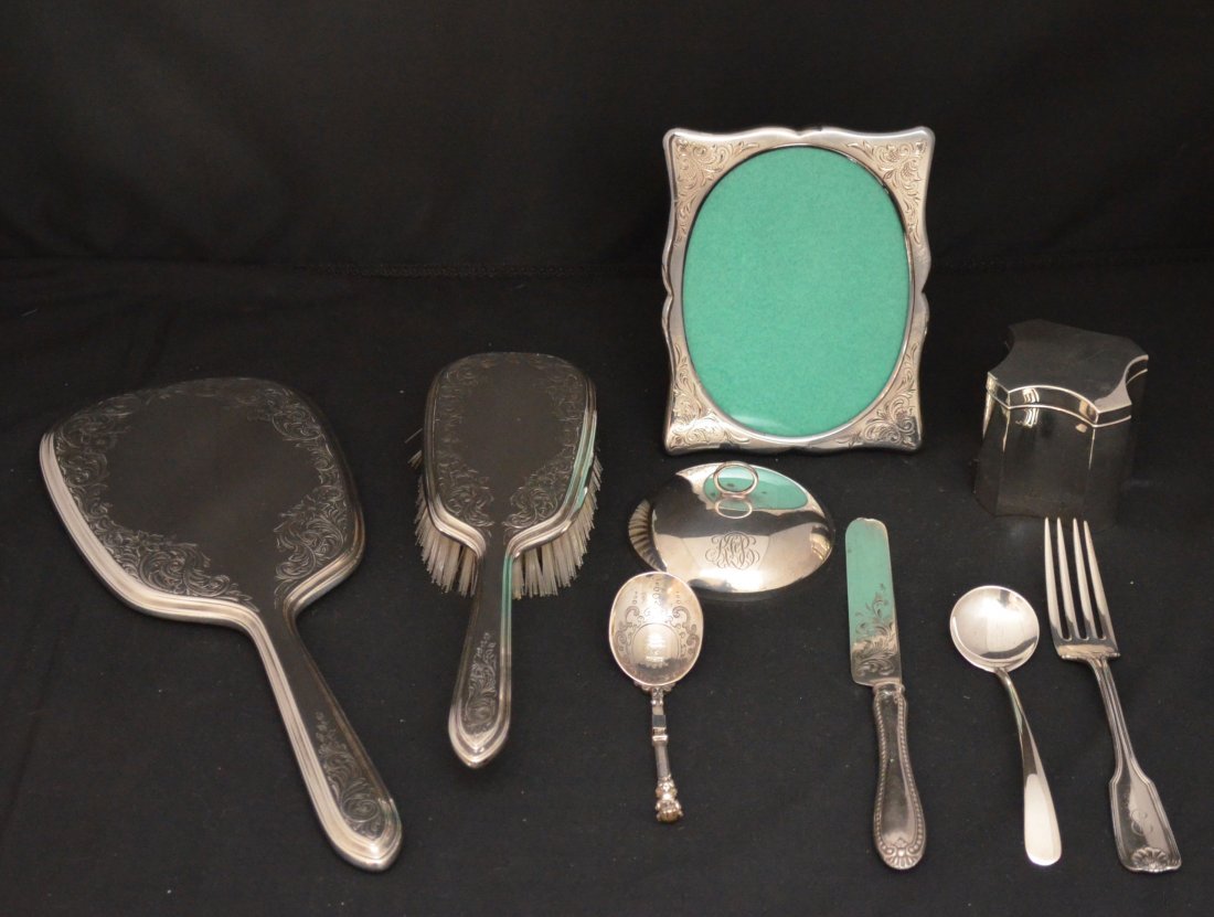 Lot of Vintage Sterling Silver Dresser Accessories: Lot includes: Gorham sterling hand mirror (11 7/8" x 4 5/8" at widest), Gorham brush (9.25" x 2.75"), Simons Brother box/tea canister (2.25" tall x 2 5/8" across longest parts @ the top), Towle fork (