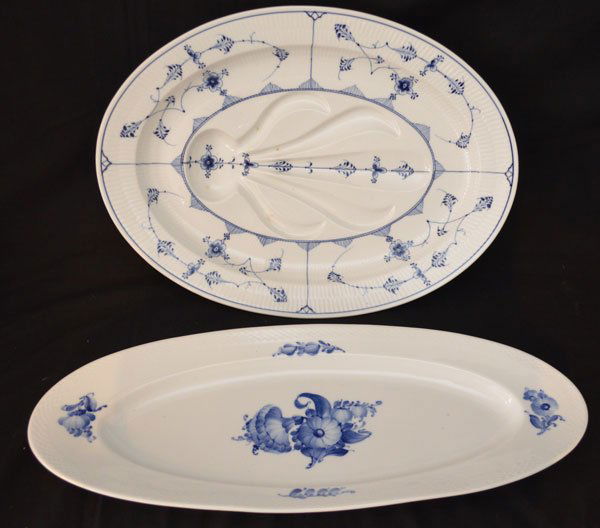 2 Large Royal Copenhagen Serving Platters: lot includes: large Blue Fluted well tree platter (21 5/8" x 15 5/8"x 3" tall) and a Blue Flowers fish platter with braided trim design (24.5" x 10")