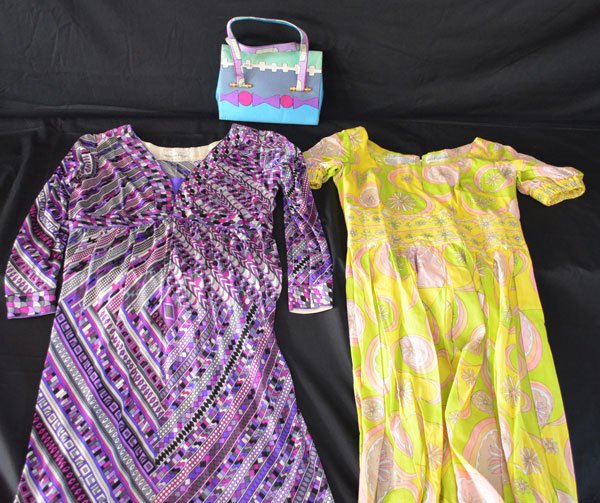 3 Vintage Pucci Items (2 Dresses & a Purse): Lot includes: Emilio Pucci yellow dress (measures 47" long from top of shoulder to bottom, waist 14.25"), purple silk dress (40.25" long from top of shoulder to bottom x 14.25" at the seam under the b