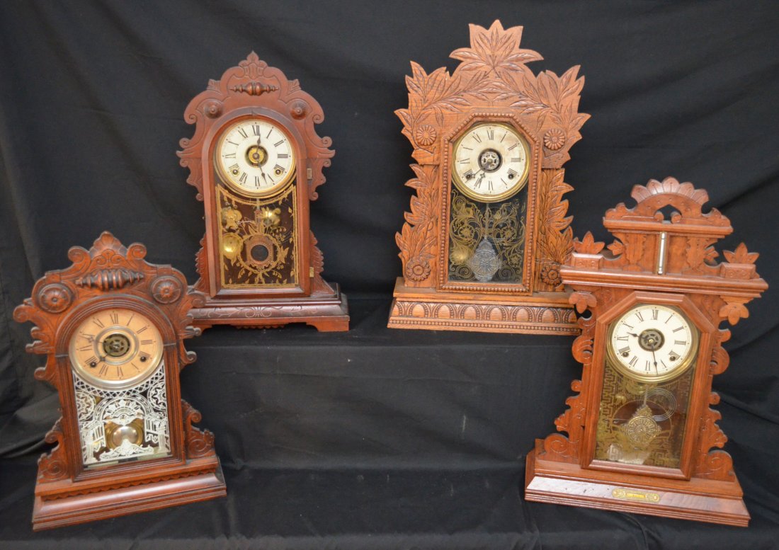 Nice Grouping of Clocks Including Gilbert: Lot includes: Wm Gilbert Clock Co Laurel (23.5" x 15.25" x 4 3/8" at the base), clock with remains of a label (21.25" x 13.75" x 4.75" at the base), Victorian style Gilbert (20.25" x 12 7/8" x 4.25" a