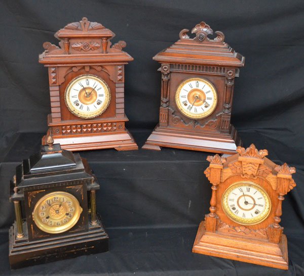 Collection of 4 Mostly Ansonia Clocks: Lot includes: Ansonia Clock Co with 8 Day Syria Label inside (17.5"t x 12 5/8" x 5 5/8" at the base), Ansonia Clock Co Tivoli 8 day (14.75" tall x 11.5" x 6" at the base), Ansonia Sharon 8 day (17" ta