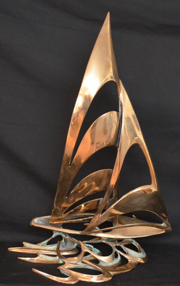"America's Cup" Bob Bennett Brass Sailboat: Bob Bennett brass sailboat entitled "America's Cup" number 36/150, measures 27" tall x 19.5" long x 11.75" deep.