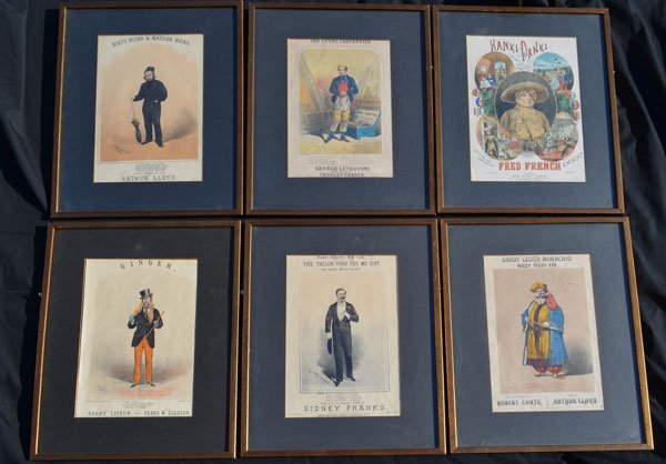 Set of 7 Early Framed English Theater Prints: Lot includes: "The Unprotected Female", "Bandy Legg'd Borachio or the Roley Poley Eye", Hanki Panki or the Girl that Came From China", "The Young Carpenter", "Harry Hunter's New Song The Tailor That C